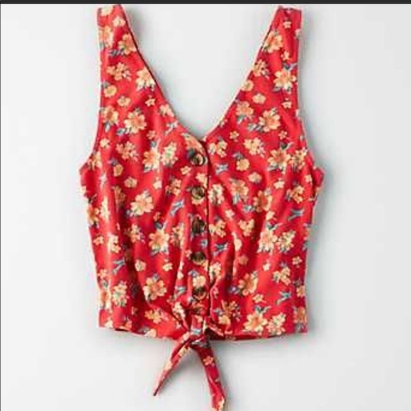 American Eagle Outfitters Tops - American Eagle outfitters red floral tie front button front tank top